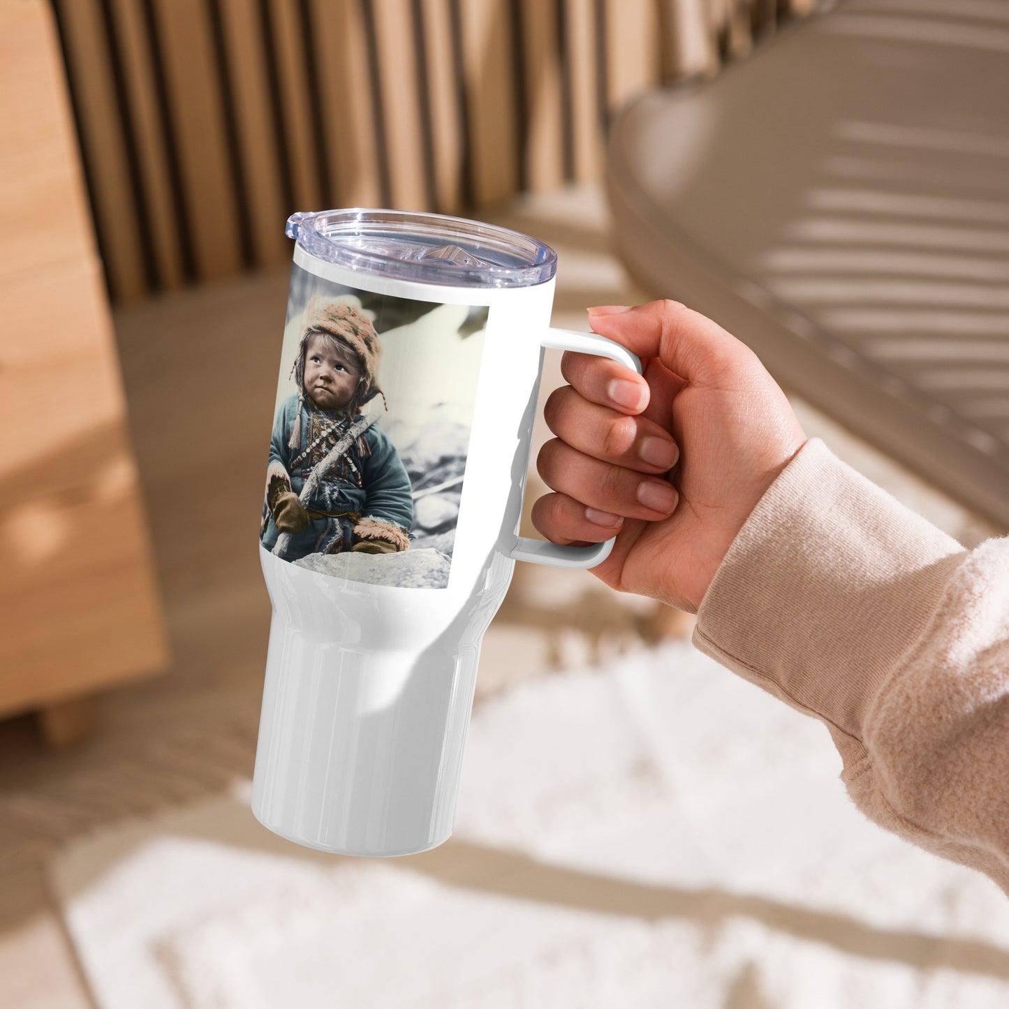 Travel Mug / White Stainless Steel / Portrait Ötzi Tisenjoch II