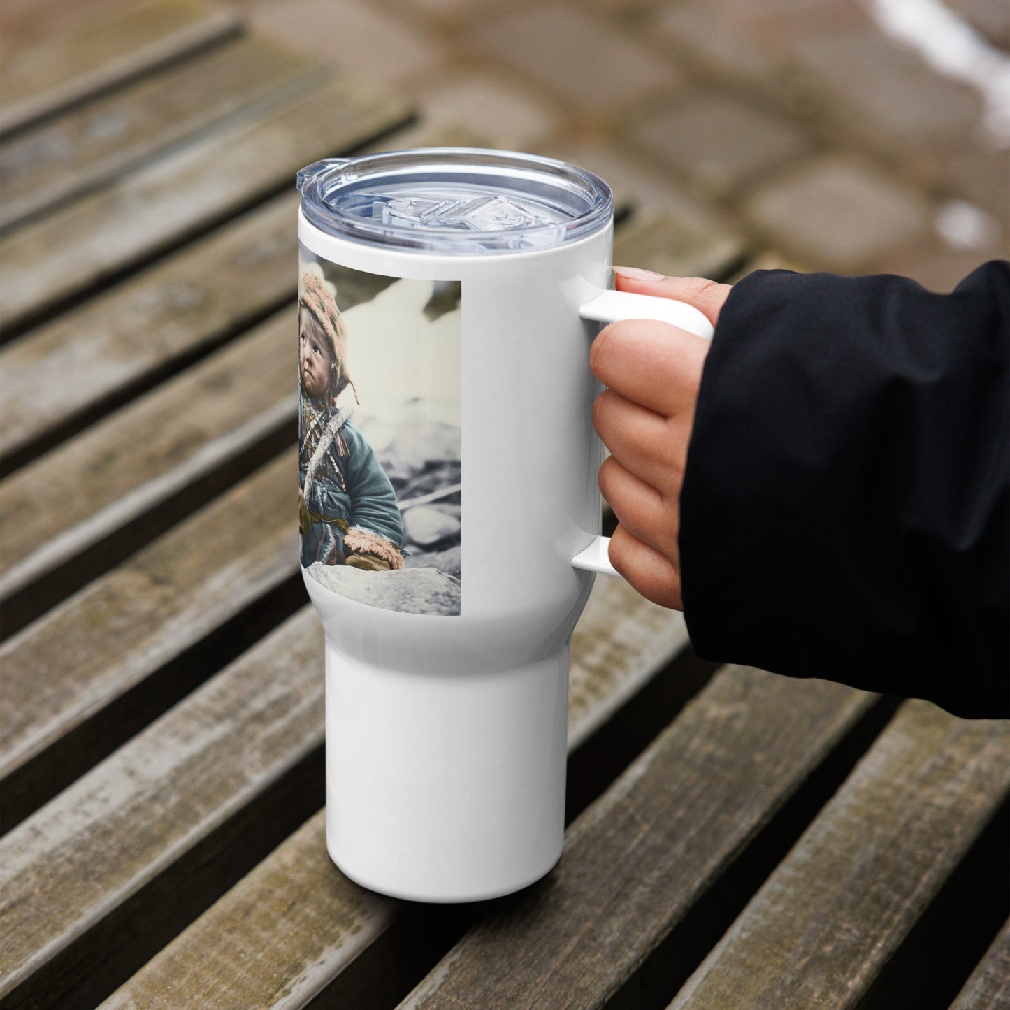 Travel Mug / White Stainless Steel / Portrait Ötzi Tisenjoch II